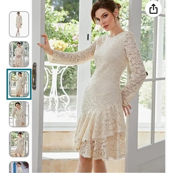 🌹2X HOST PICK🌹TICOSA BEIGE LACE DRESS WITH RUFFLE LAYERED LACE HEM/SZ L - Picture 3 of 14